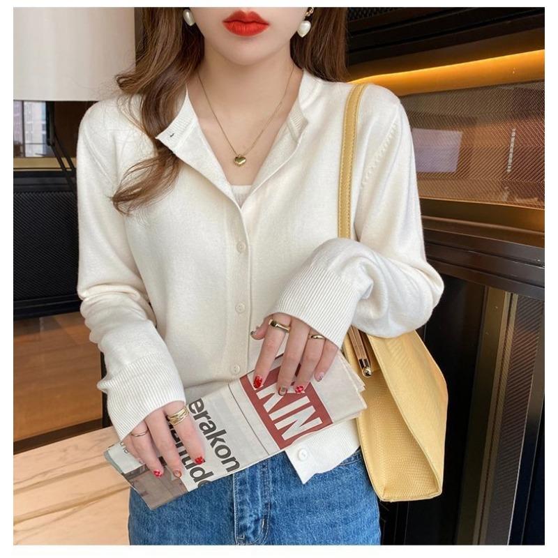 Cardigan in maglia basic da donna con scollo rotondo, manica lunga, bottoni, casual, maglione leggero