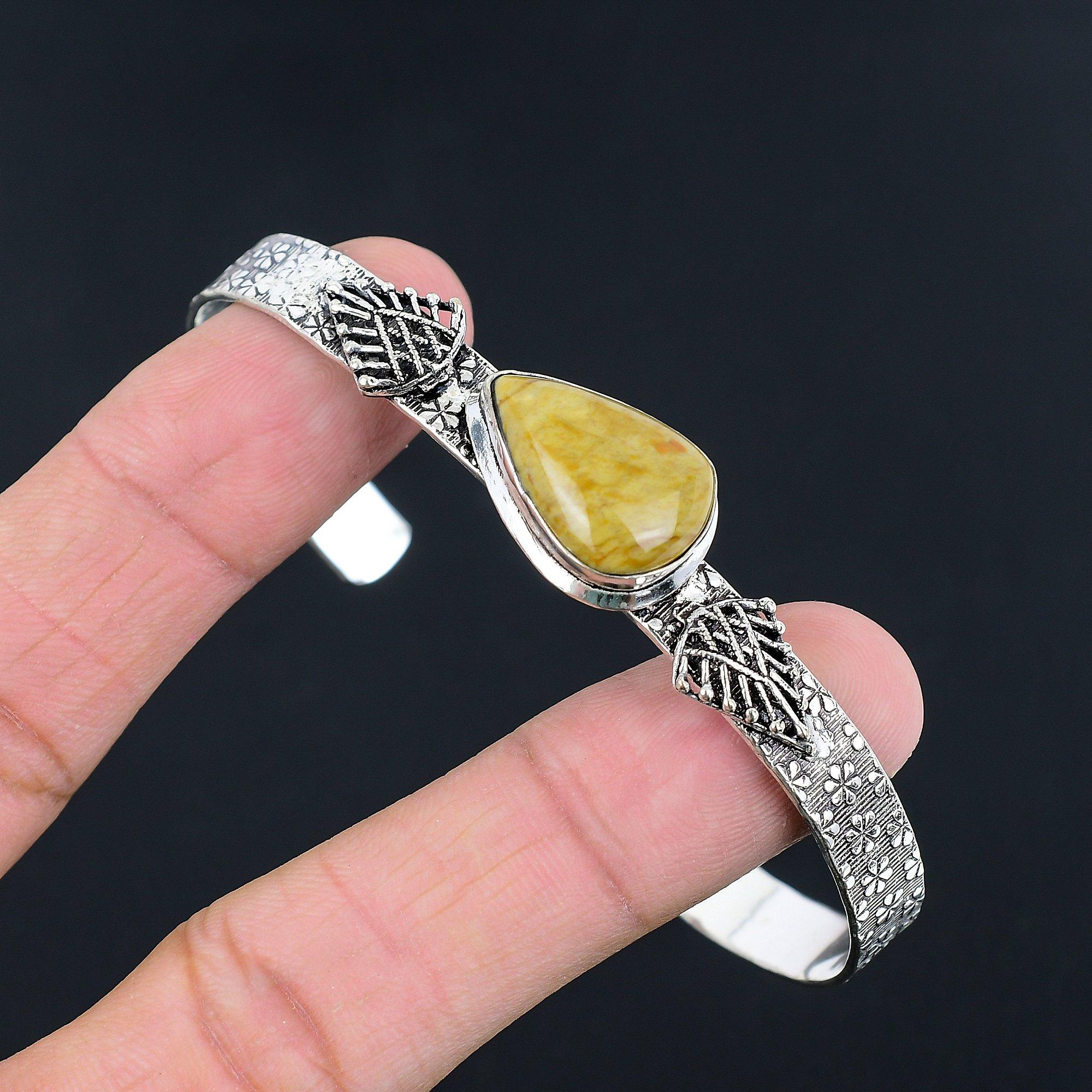 

Sterling Silver Pear Natural Polychrome Jasper Sister Birthday Bangle Bracelet Adjustable