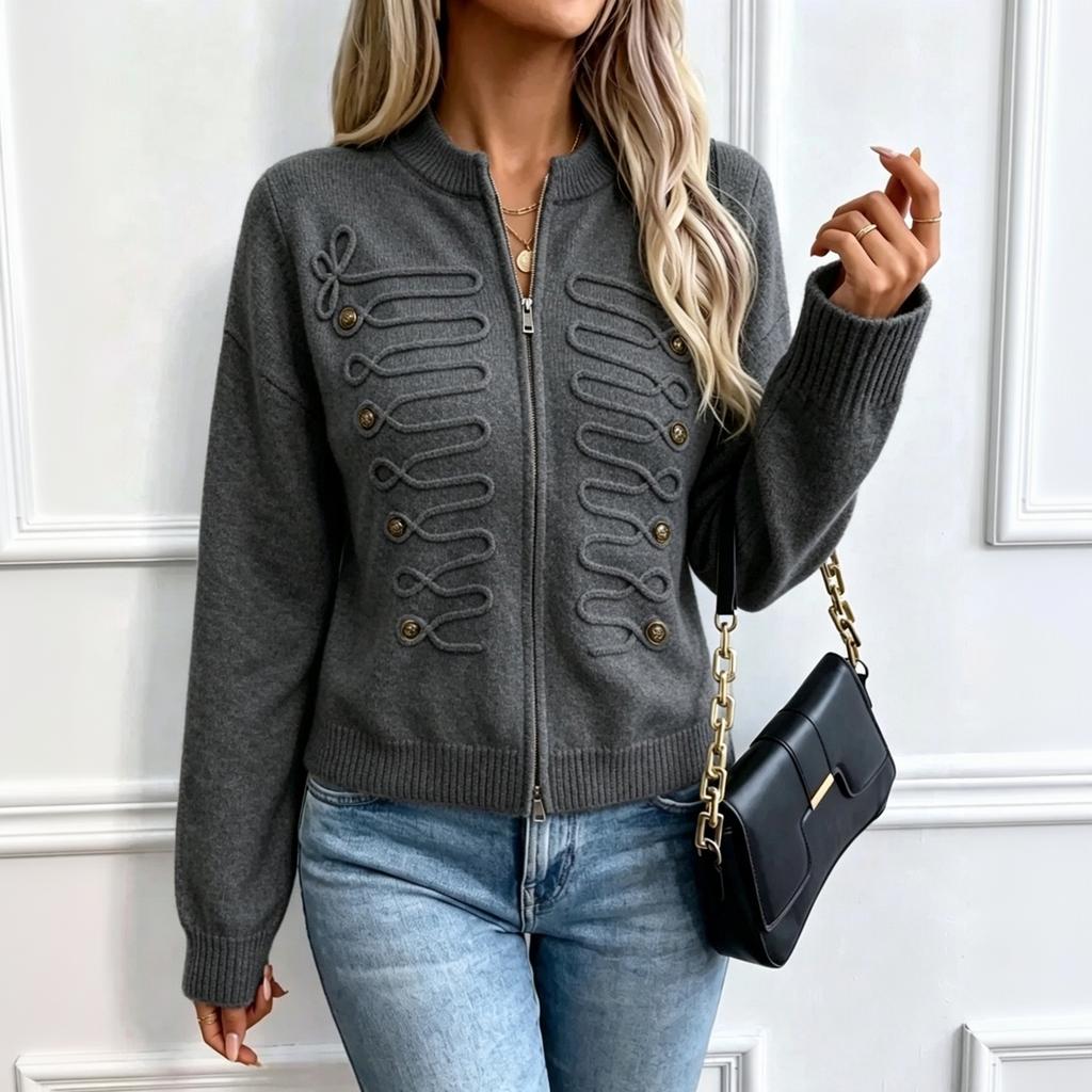 Women's Vintage Button Front Knit Cardigan Round Neck Zip-Up Slim Fit Sweater Jacket