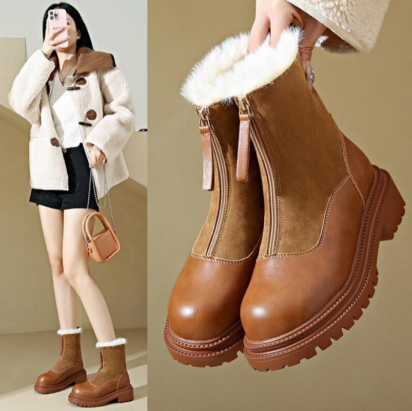 Warm Plush Boots Women Winter Shoes Chelsea Suede Platform Casual Women Ankle Boots Round Toe Fur Goth Botas Feminina Brown