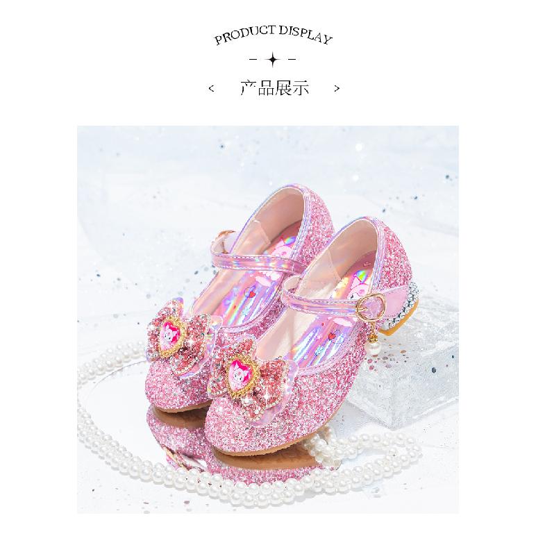 Buty księżniczki fioletowe Kuromi buty do występów dla dziewczynek małe dziewczynki buty na jeden sezon wiosna i jesień wysokie obcasy wybieg miękka podeszwa skórzane dla dzieci