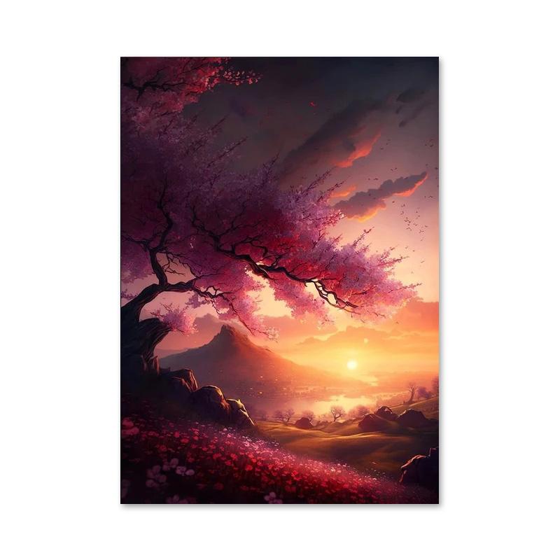 Retro Fantasy Japan House Village Landscape Posters and Prints Canvas Paintings Sakura Lake Wall Art For Living Room Home Decor