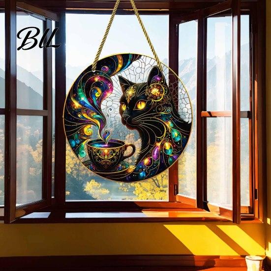 Moon Cat Wall Hanging Halloween Window Decor, Mystical Black Round Sign Cute Accessory for Indoor Outdoor Art, Gothic Home Porch Door Ornament