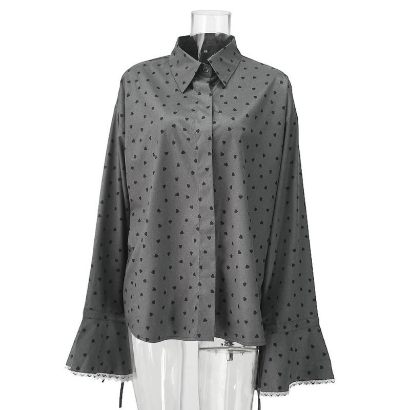 Women Sweet Loose Polka Dot Lace Cuff Turn Down Collar Long Sleeve Blouse