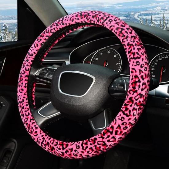 Leopard Plush Steering Wheel Cover for Woman Girl, Universal 15 Inch, Pink