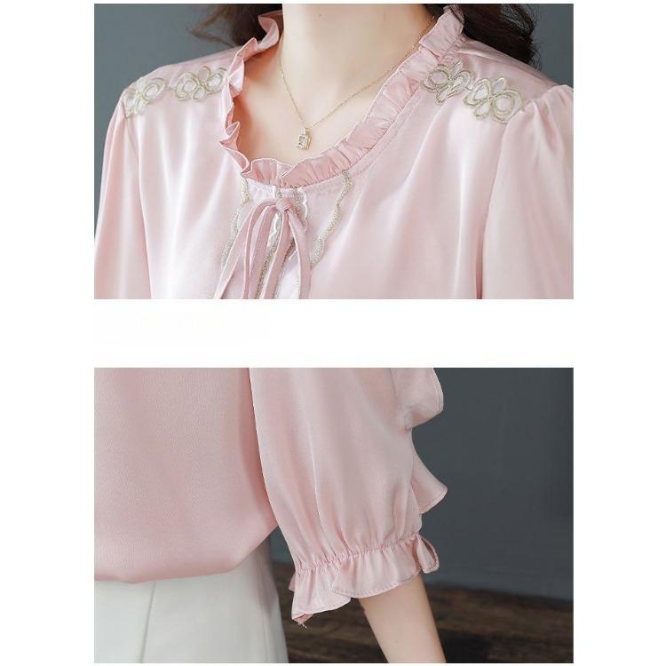 Top alla moda in raso da donna estate colore puro versatile elegante maniche a sette quarti camicetta elegante