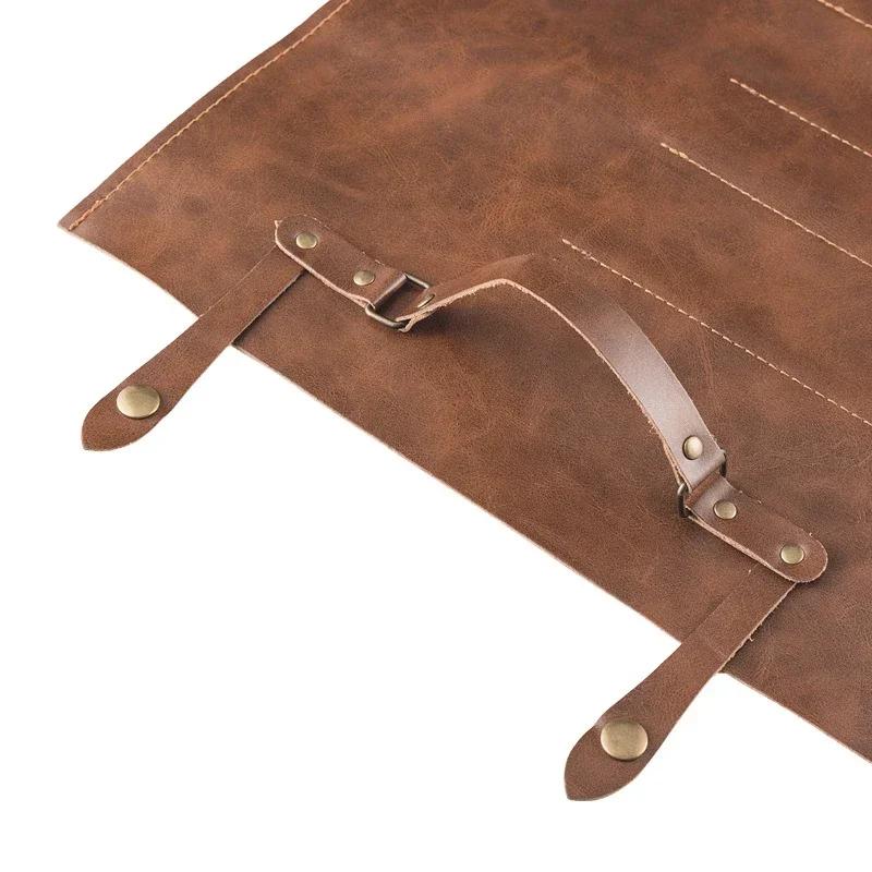 Leather Chef Knife Bag Portable Two-Layer Cowhide Knives Storage Roll Bag Kitchen Camping Cooking Knife Carry Case Pockets Pouch