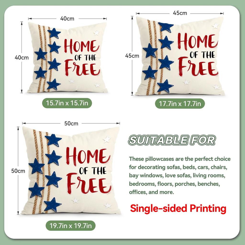 4Pcs 4Th Of July Star Hemp Rope Print Single-Sided Cushion Cover For Living Room Bedroom Car Home Decor