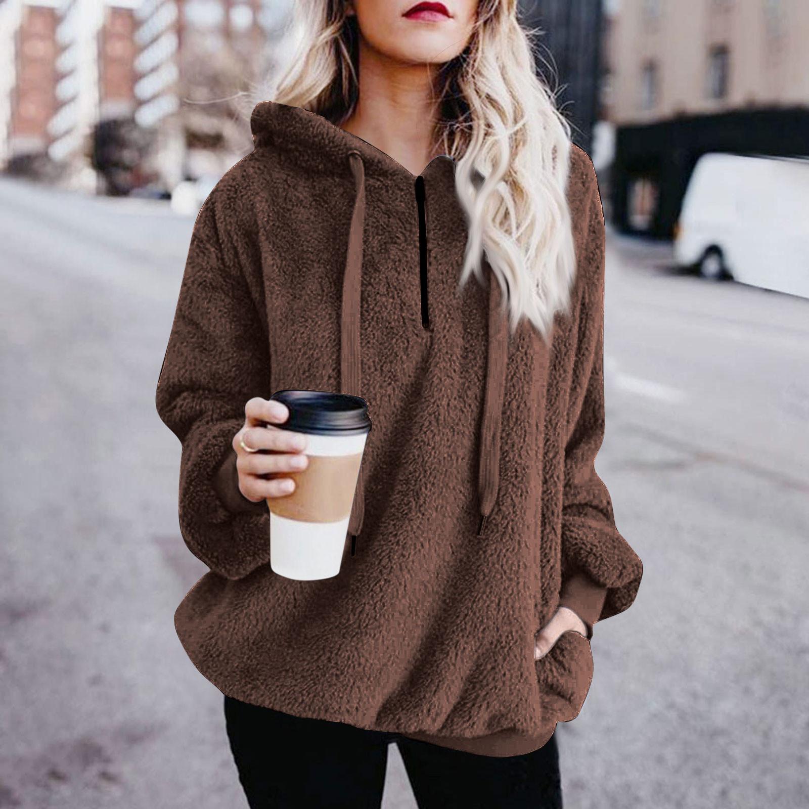 

Женская мода сплошной цвет с капюшоном в стиле пэчворк с длинным рукавом на молнии плюшевая толстовка XL коричневый