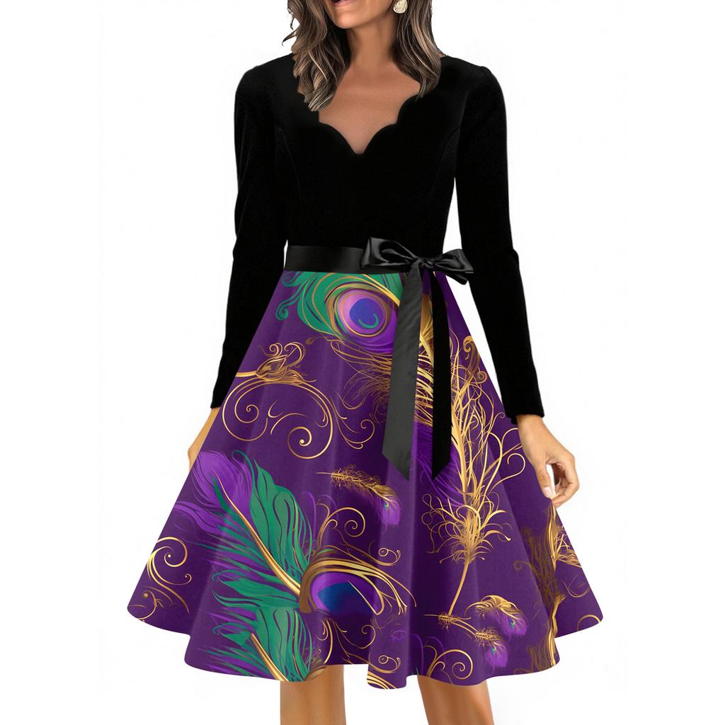 Women's Casual Fashion V Neck Long Sleeve Printed Vintage Long Dress