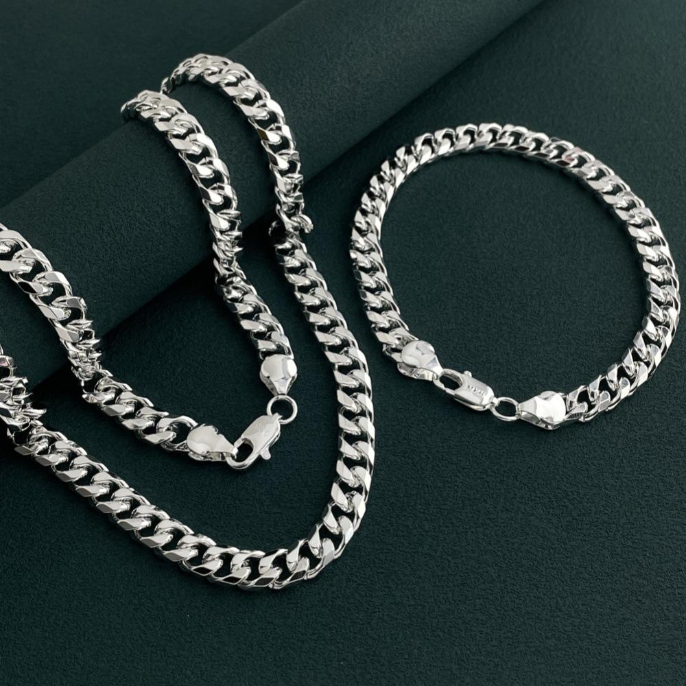 925 Sterling Silver Jewelry Fashion Trend 6mm Sideways Cuban Necklace Bracelet Set Birthday Party Anniversary Gift