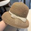 French Wide-Brimmed Straw Hat for Women Spring Summer Beach Sun Protection Cap with Elegant Bow Tie Sand Photo Shade