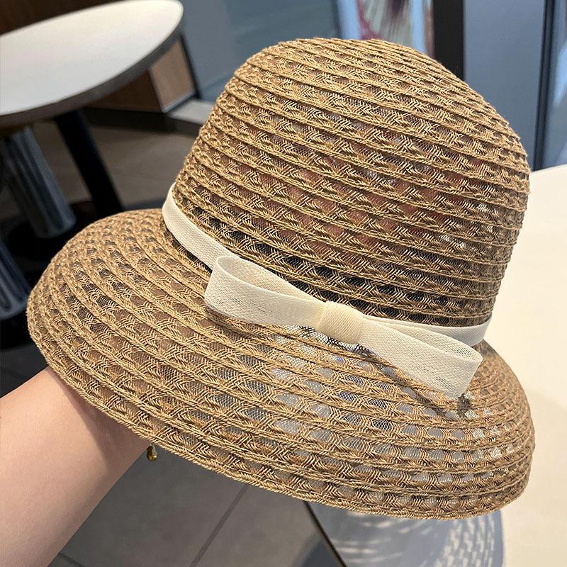 French Wide-Brimmed Straw Hat for Women Spring Summer Beach Sun Protection Cap with Elegant Bow Tie Sand Photo Shade
