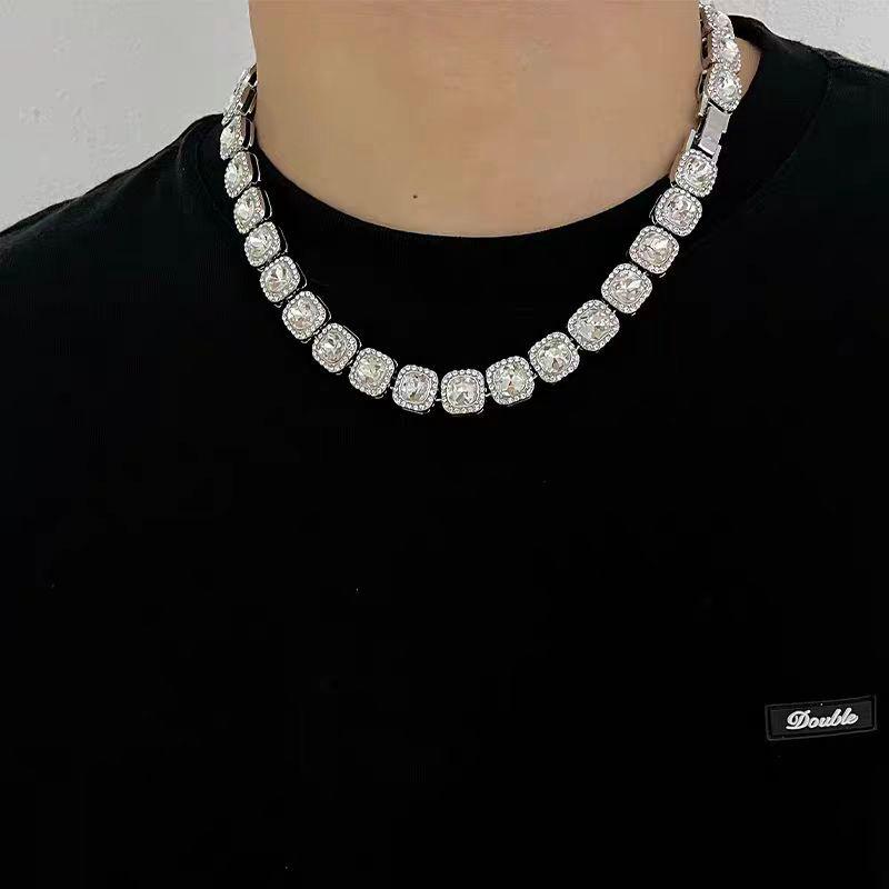 New Men's Square Glass Cuban Chain Bracelet & Necklace - Hip-Hop Style Cross-Border Alloy Accessories