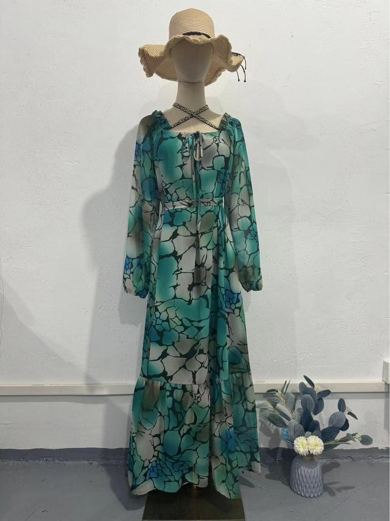 2024 Summer European & American Women's Color Block Print Elegant Long Dress - Slim Fit, Square Neck, Long Sleeves