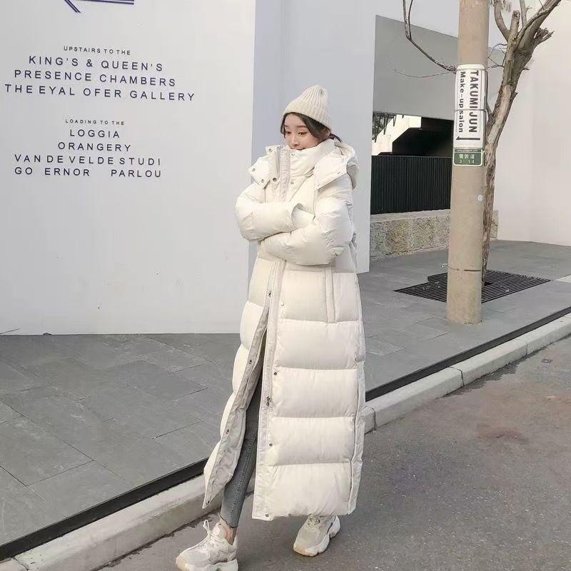 New Lulu nine-grid medium and long white duck down over the knee down jacket hooded thickened autumn and winter women's coat