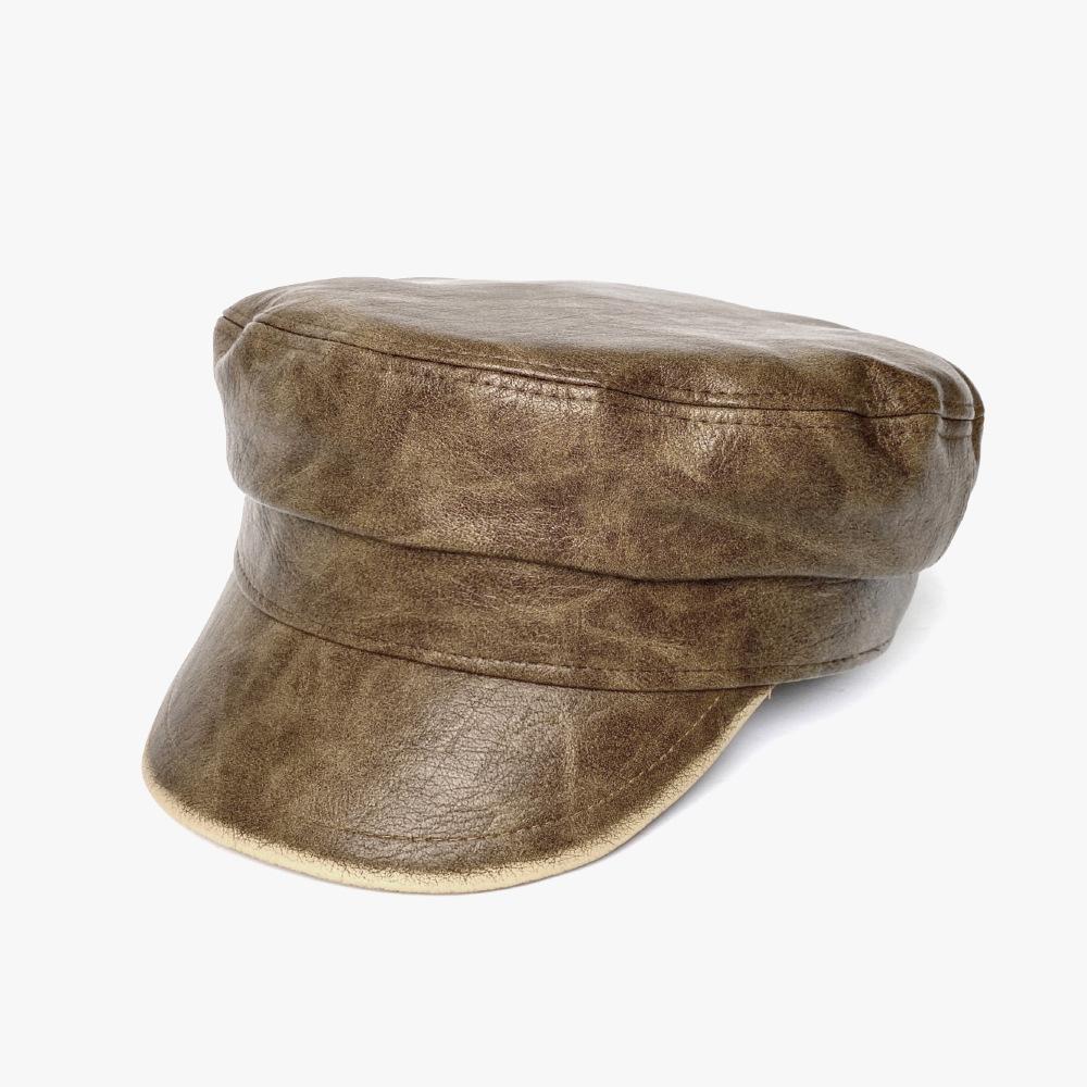 Autumn and Winter Pu Leather Retro Octagonal Hat for Women with Old Temperament and Versatile Face Showing Small Beret Korean Style Ripples Hat
