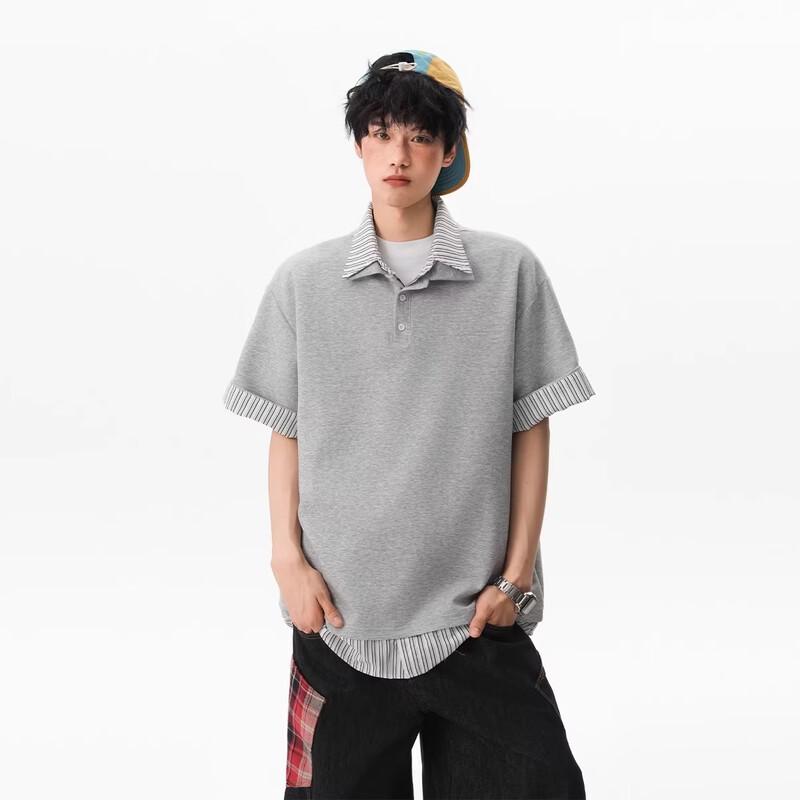QOTRIOCK Unisex Striped Fake Two-Piece Polo T-Shirt