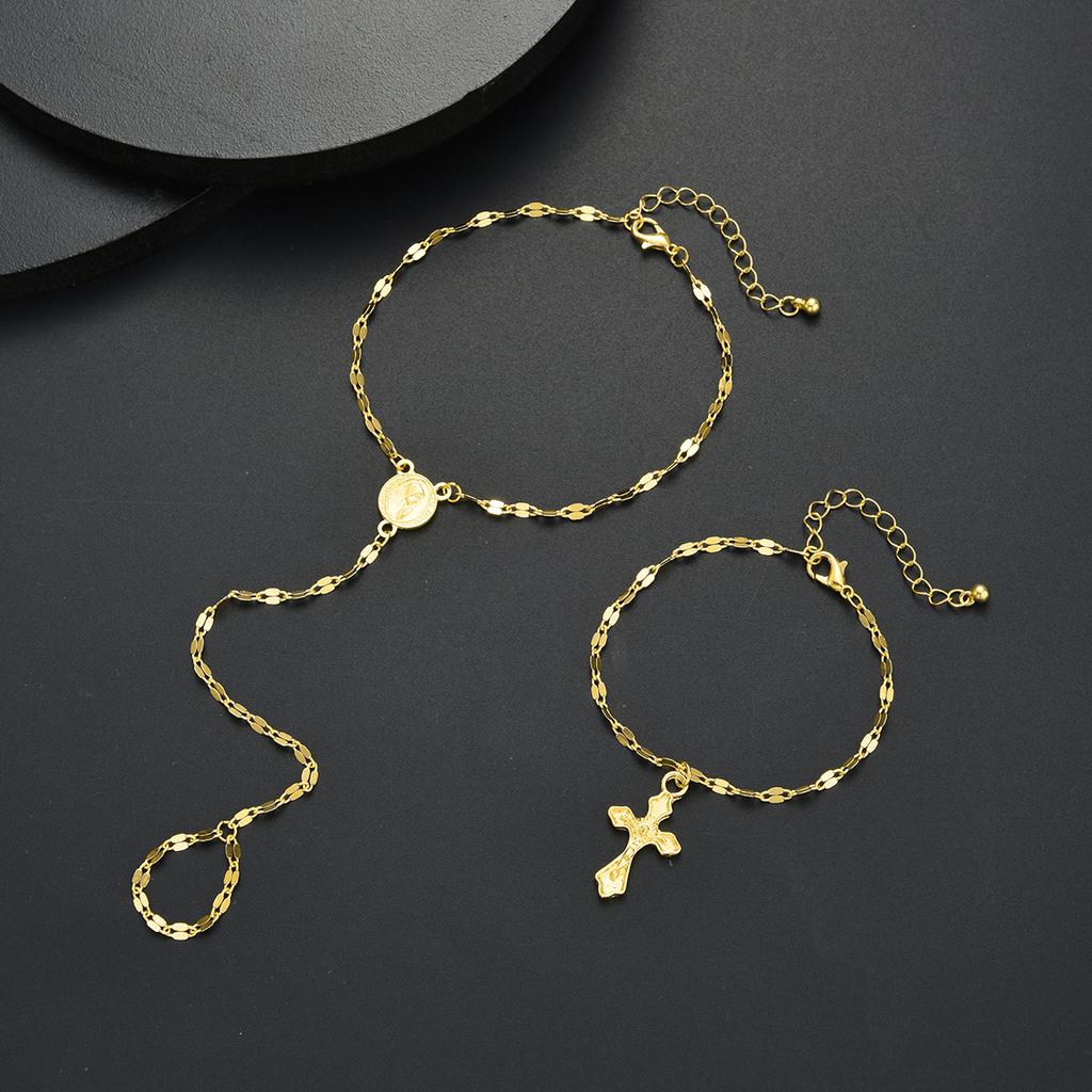 2 Piece One Piece Cross Portrait Bracelet Set Fashion Jewelry Women Trendy Shiny Daily Party Accessory Decorative Gift Idea