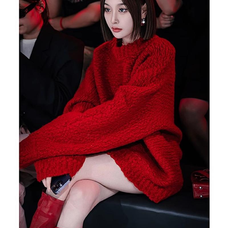 Autumn Long Sleeve Casual Loose Red Sweaters Women Winter Solid Warm Round Neck Knitted Sweater Ladies Elegant Vintage Soft Knitwear Jumpers 24944