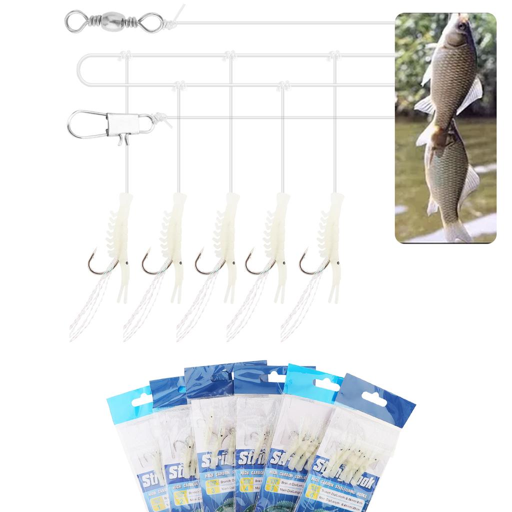 6 Pack Glow in Dark Saltwater Shrimp String Hooks 5 Hooks High Visibility Pre-Rigged 1-6 Mixed Sizes Fishing Lure Bait Tackle Kit