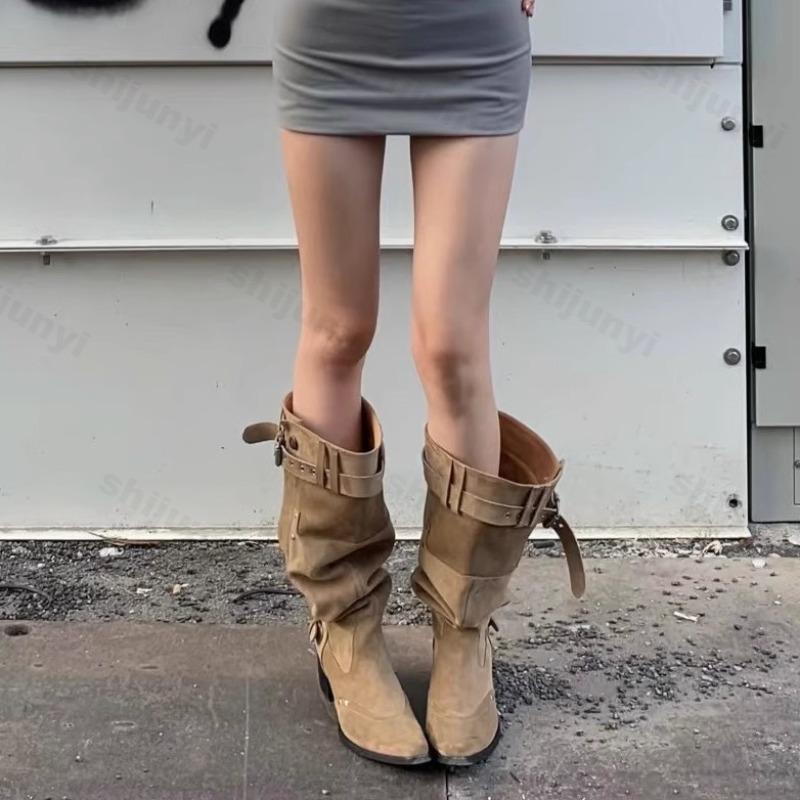 Women's High Boots Retro Design Pleated Pointed Toe Buckle Strap Mid-Calf Boots Fashion Versatile Chunky Heels Shoes Botas Mujer