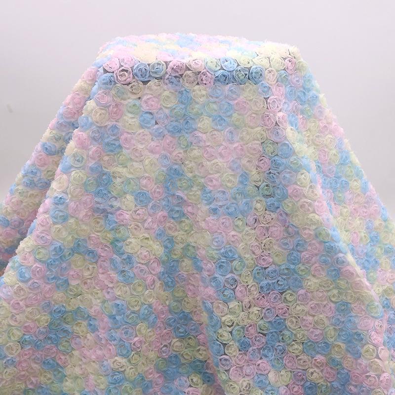 1 Yard Rose Flower Tulle Mesh Fabric Stretch 3D Rose Embroidery Designer Fabric DIY Sewing Wedding Party Dress Background Decor