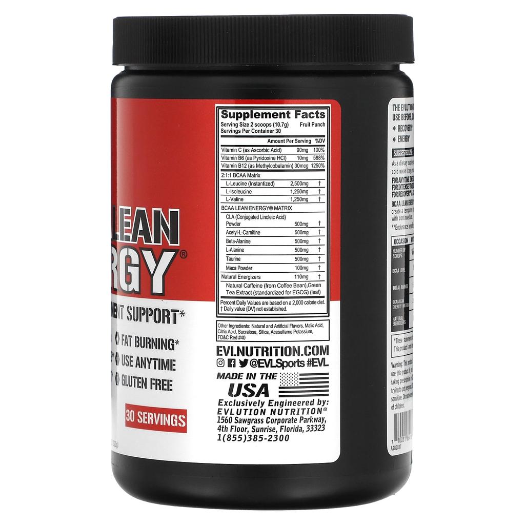 EVLution Nutrition BCAA LEAN ENERGY, Fruit Punch, 11.32 Oz (321 G)
