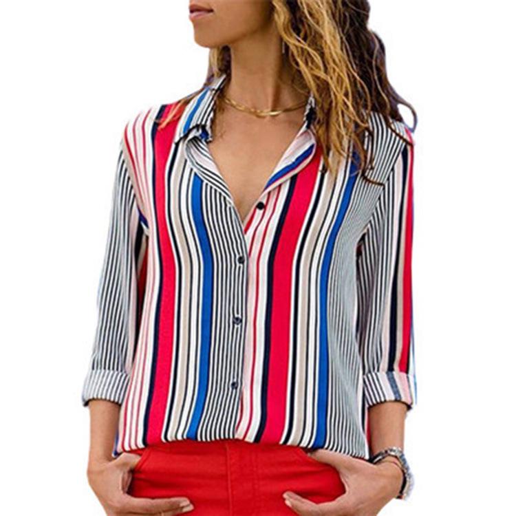 European & American Striped V-Neck Chiffon Long Sleeve Women's Top