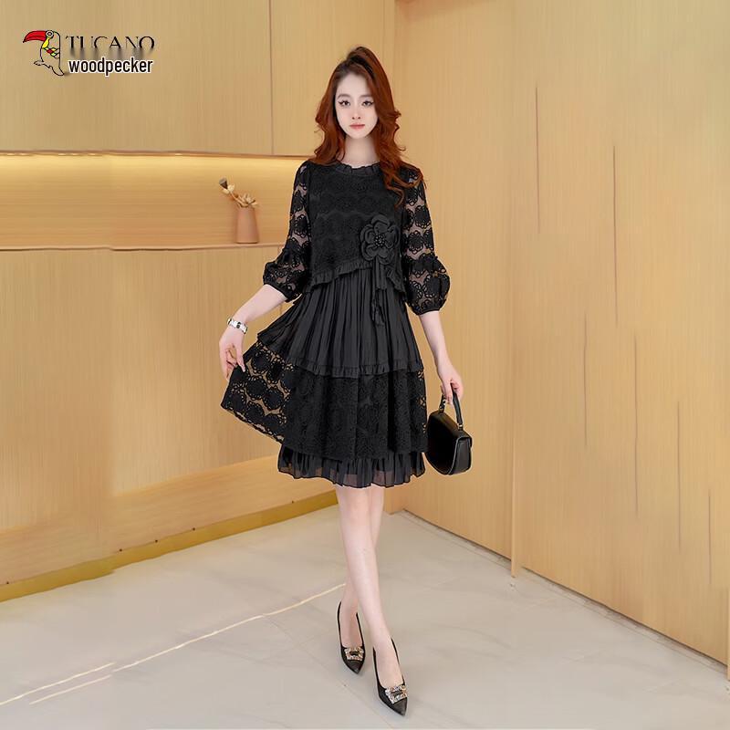 Women s Faux Two-Piece Mesh Embroidered Slimming Dress L