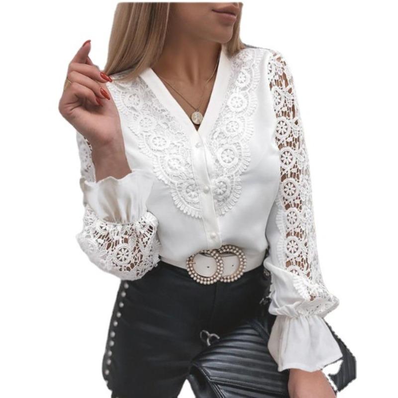 

Весна-лето Модная кружевная рубашка с длинными рукавами и V-образным вырезом на пуговицах для женщин XXL