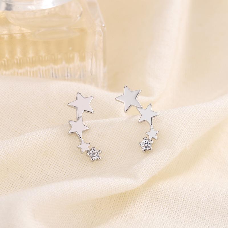 925 Silver Cubic Zirconia Meteor Triple Star Stud Earrings Summer Light Luxury Cute Temperament Jewelry