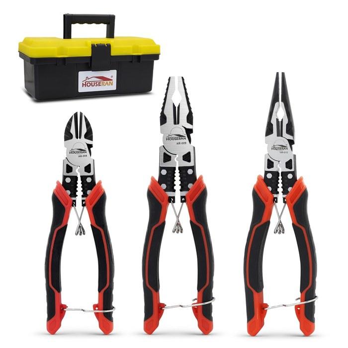 HOUSERAN Pliers 3-Piece Set Multi-Tool Set Nipper Radio Pliers Heavy-Duty Pliers Wire Cutter with Spring and Lock Electrician Tool with