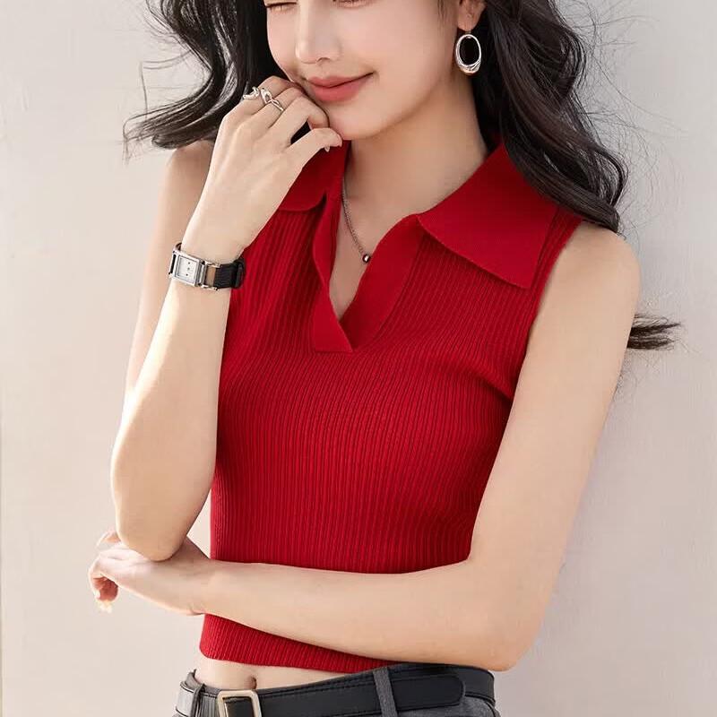 Zuo Se Retro Red Polo Sleeveless Knit Tank Top XL