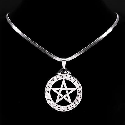 Hexen Pentagramm Halskette für Damen Herren Edelstahl Silber Farbe Wicca Pagan Stern Pentakel Alphabet Halskette Schmuck bijoux