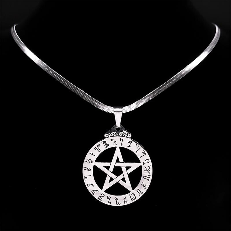 Witch Pentagram Necklace for Women Men Stainless Steel Silver Color Wicca Pagan Star Pentacle Alphabet Necklace Jewelry Bijoux
