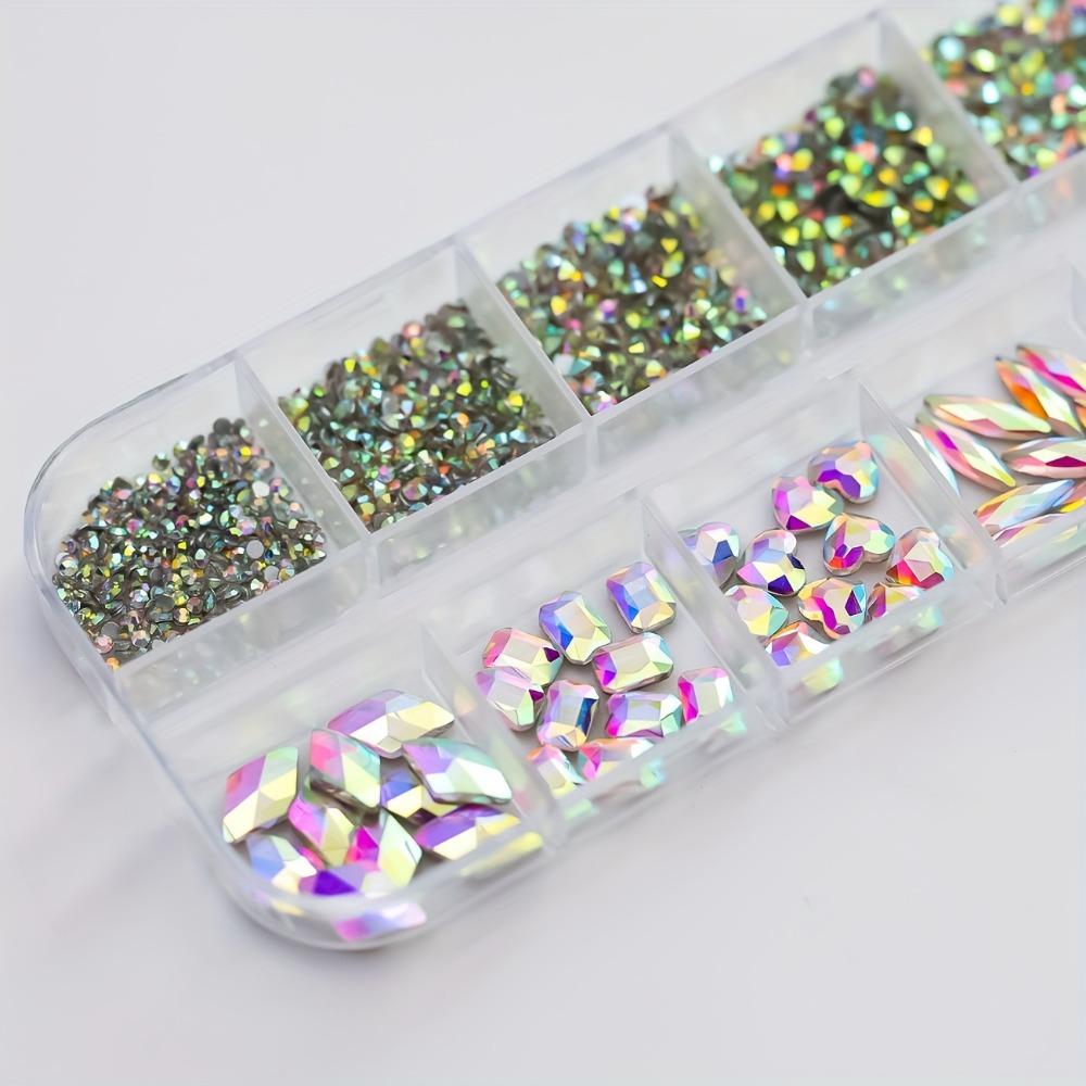 Get Your Nails Dazzling with 12-Grid White Flat-Bottom Rhinestones in Various Cute Shapes and Sizes!