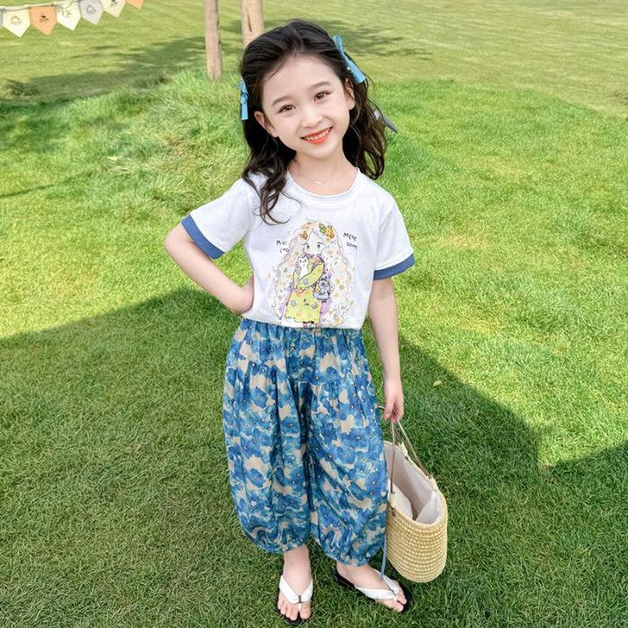 Girls Summer Korean Two Piece Set Short Sleeve Top and Shorts 90