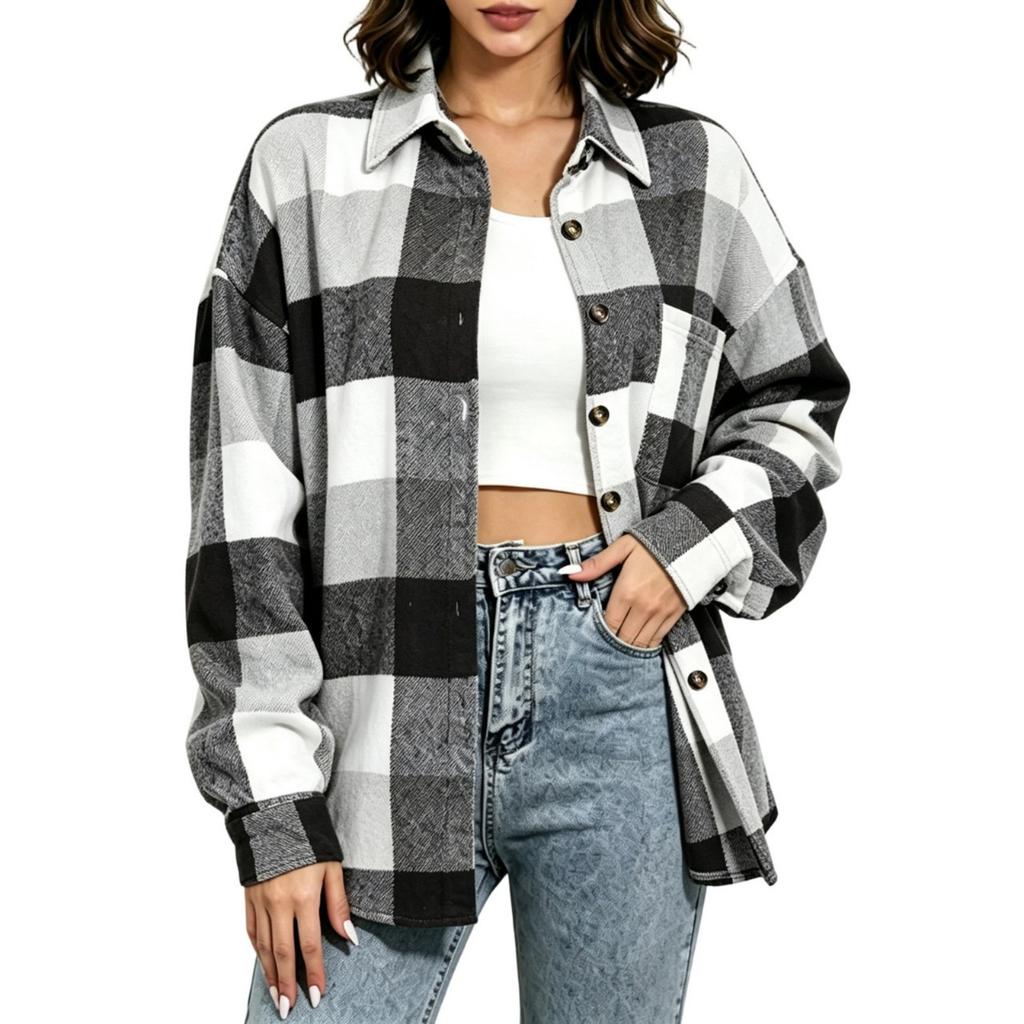 Camisa de Moda para Mujer a Cuadros con Botones Manga Larga Corte Holgado Cuello Blusa para Uso Casual de Trabajo