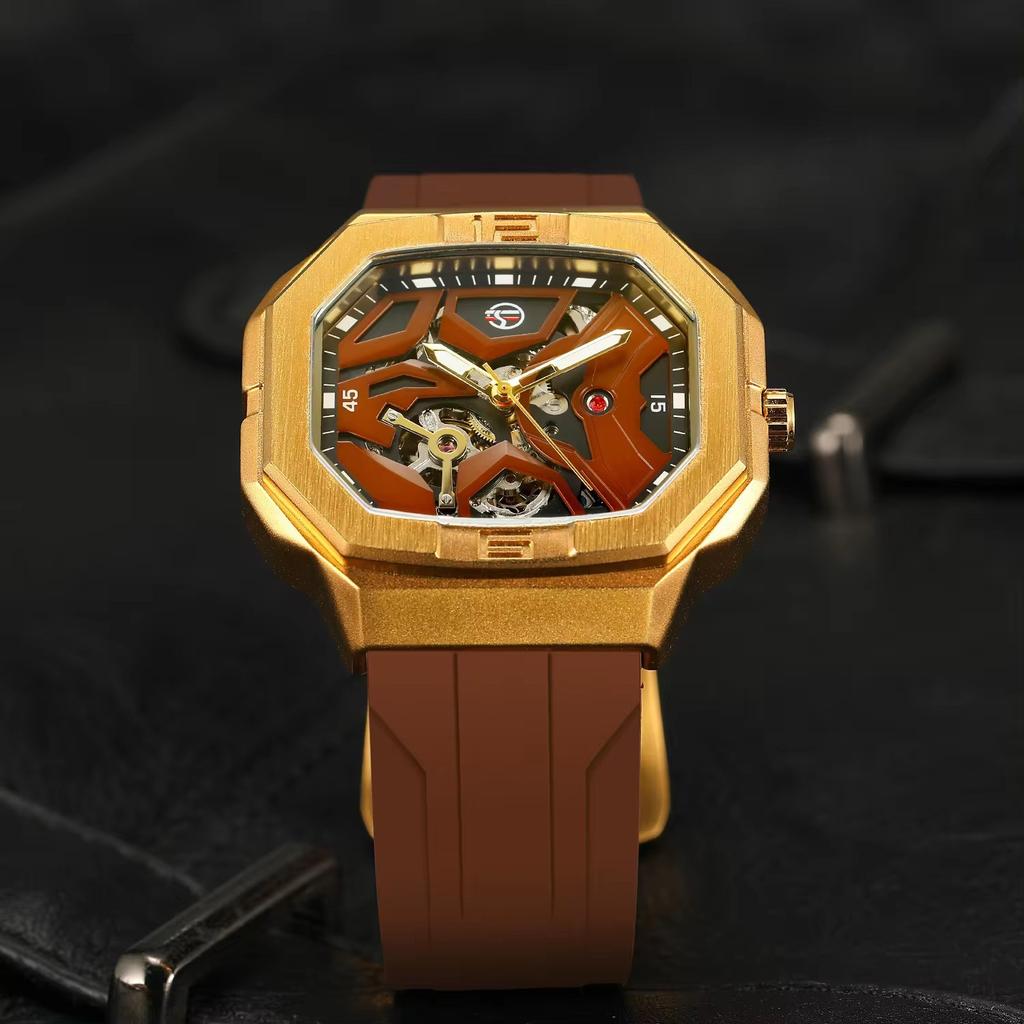 Forsining Mens Skeleton Automatic Self Wind Mechanical Movement Watches Waterproof Luminous Square Dial Silicone Strap Wrist Watch