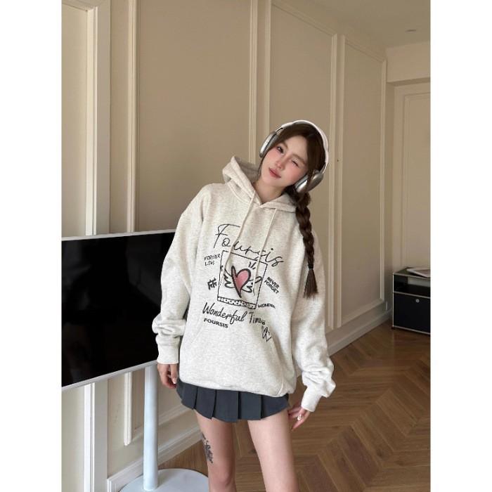 Hong Kong Style Love Printing Loose Large Size Hooded Sweater Female Senior Sense Niche Student Velvet Jacket Ins