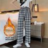 GMXIA Fleece Plaid Pants Women's Autumn and Winter Thickened High-waisted Slimming Straight Leg Casual Floor Wide Leg Pants