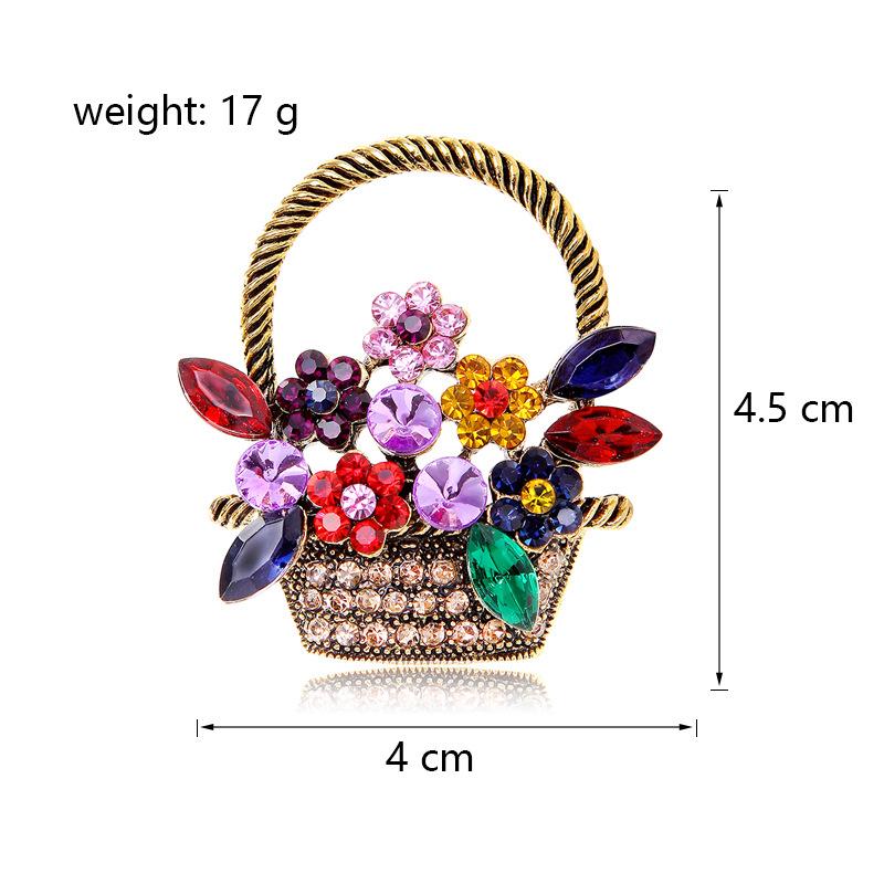 Retro Colorful Crystal Flower Basket Brooches Pins for Women Elegant Vintage Rhinestone Corsage Badges Party Pin Accessories