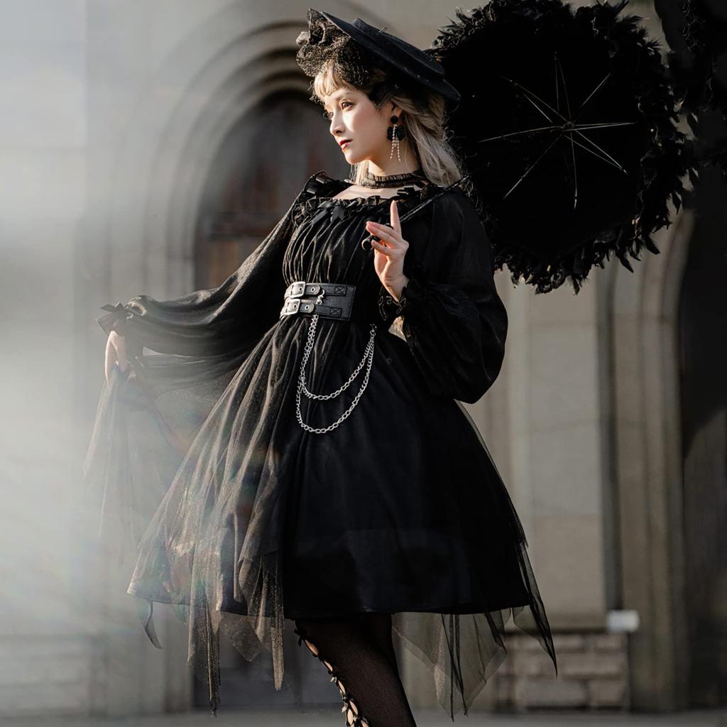 Milky Time Gothic Lolita Dress, Black and Red, with Chiffon and Chains, Cosplay Costume for Women (Small, Black)