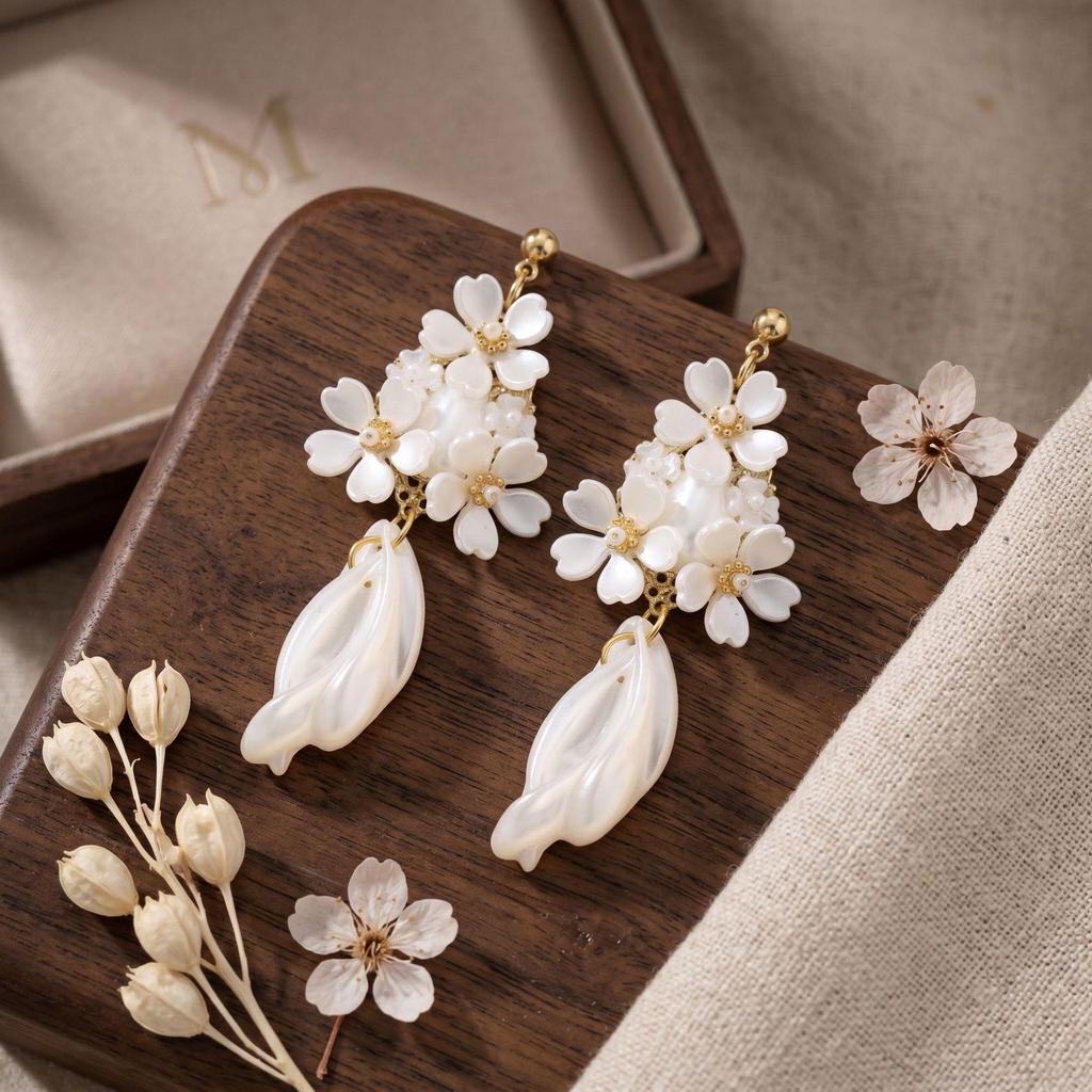 White Flower Faux Pearl Dangle Earrings for Women - Elegant Bridal Accessories