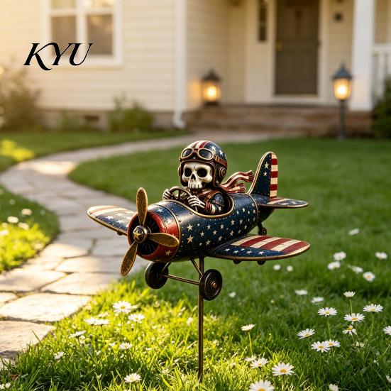 Unique Cemetery Decoration Metal Skeleton Pilot Airplane Wind Spinner with Ground Stake, Vintage American Flag Garden Halloween Stake Yard Rustic Iron