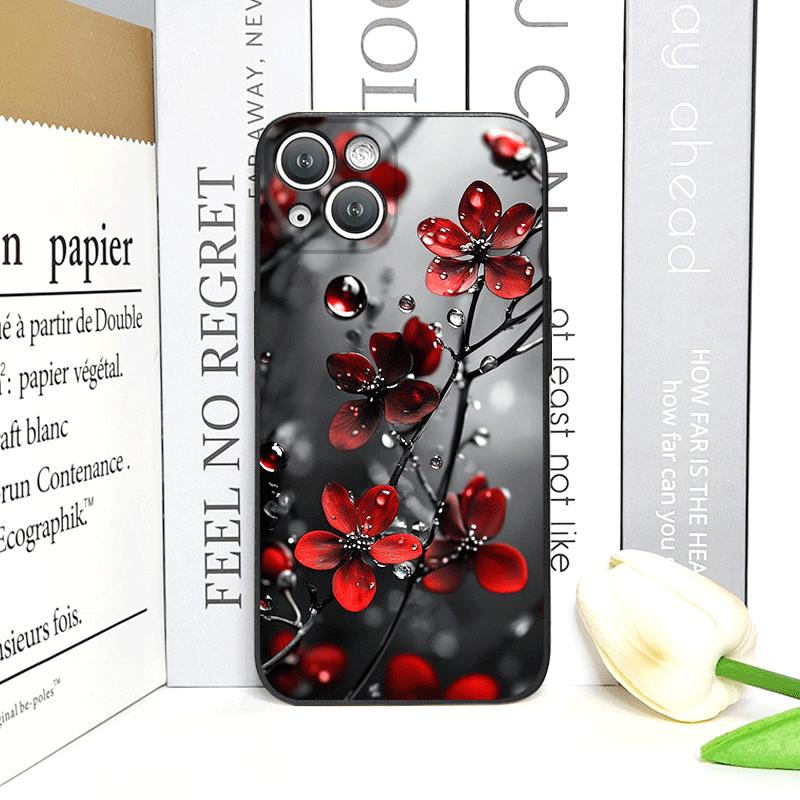 Retro Künstlerisches Rotes Blume Pflaumenblüte Muster Handyhülle für iPhone 17 16 12 11 14 Plus 13 15 Pro Max Mini X XS XR Weiche Hüllen