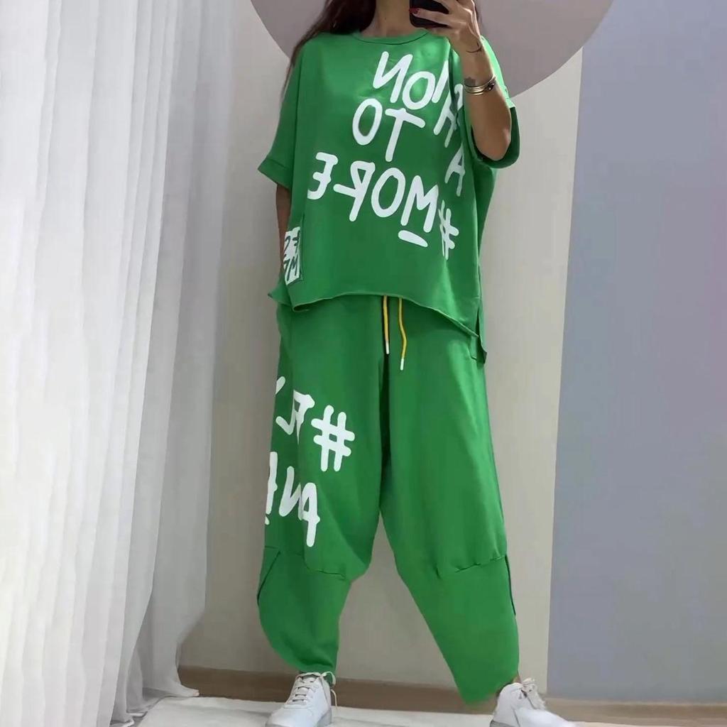 Set di 2 pezzi alla moda Tuta Stampata con Lettere Tuta da Ginnastica da Donna Manica Lunga Girocollo T-shirt alla Moda Set Pantaloni