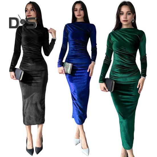 Dámské večerní šaty Slim Fit Skládaný Bateau Neck Dlouhý rukáv Čistě barevné Midi šaty Pouzdro na lýtka Plesové koktejlové šaty