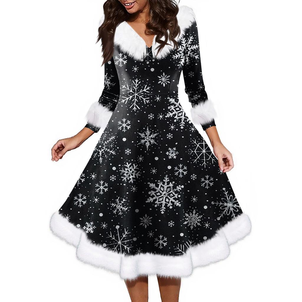 Women's Fashion V-neck Casual Fit Christmas Print Party Long Sleeve Dress